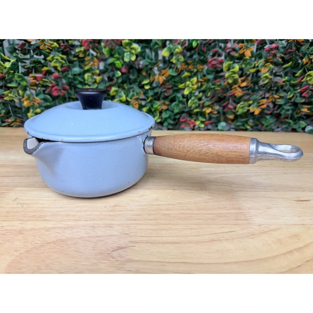 Le Creuset Vintage Blue Enamel Cast Iron Saucepan Teak Wood Handle 14 France